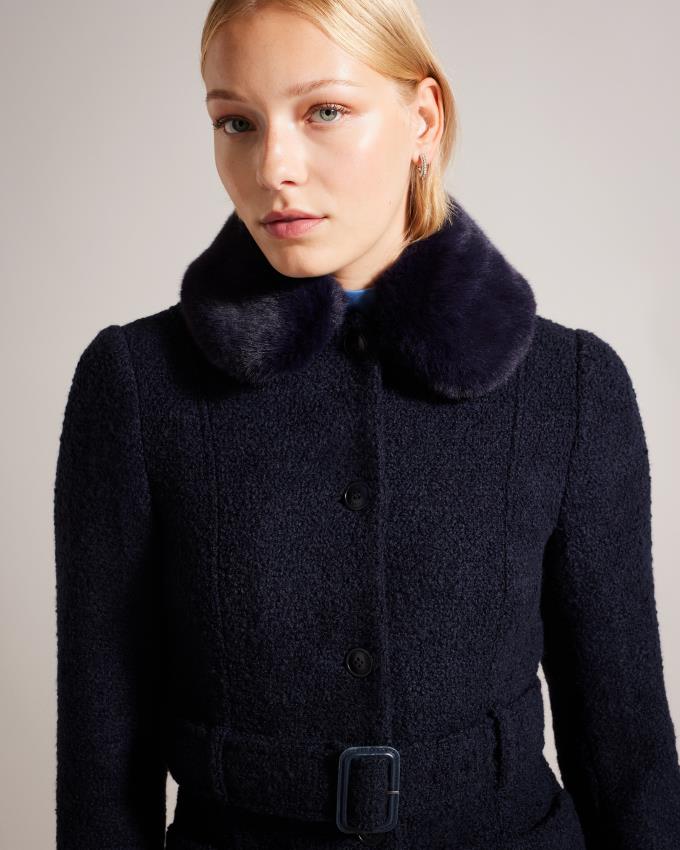 Manteau Ted Baker Longline Wool Blend With Faux Fur Bleu Foncé Femme | IQY-05962881